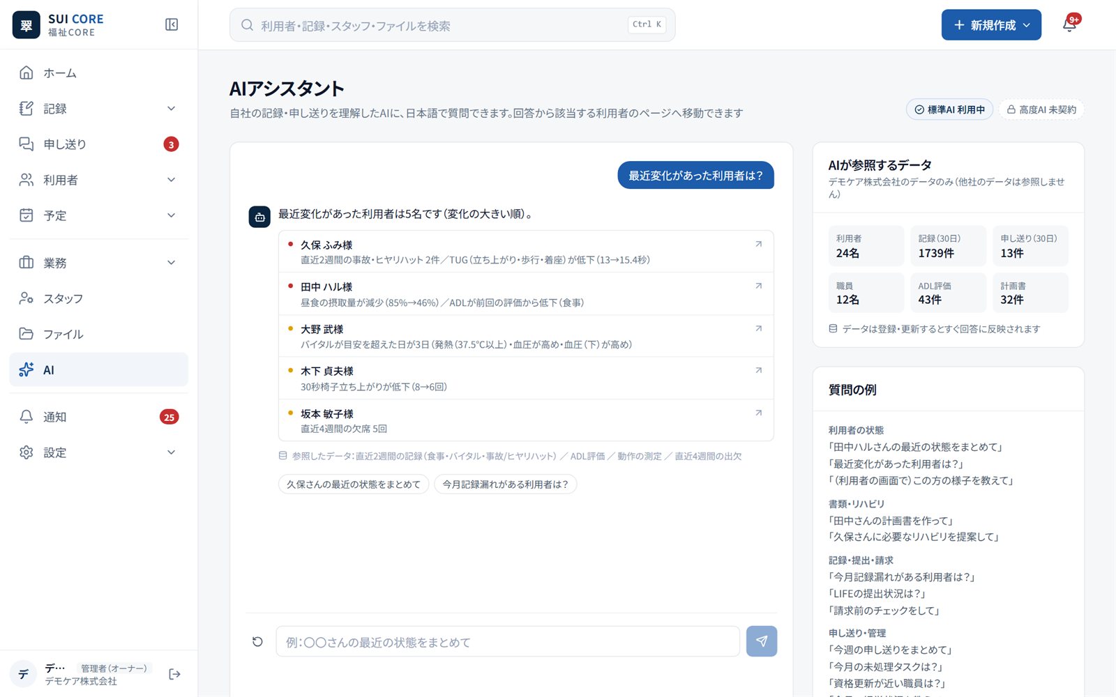 SUI CORE 福祉｜AIアシスタントの画面