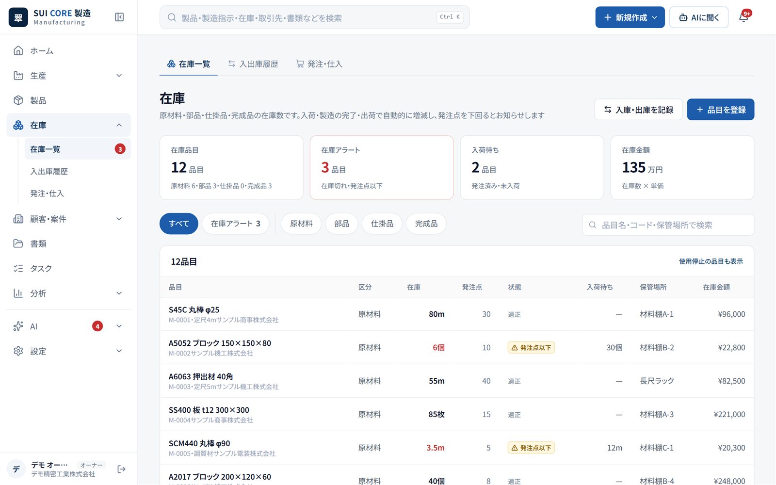 SUI CORE 製造｜在庫の画面